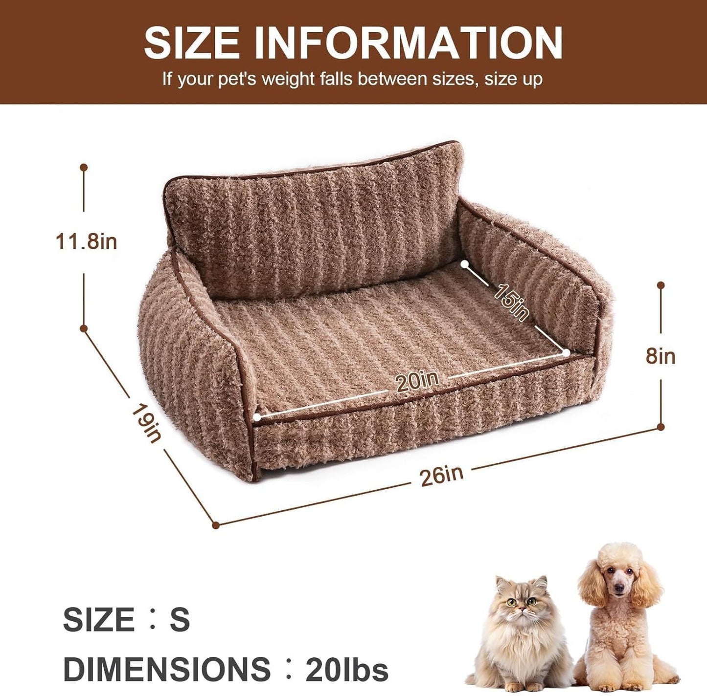 Orthopedic small dog and cat Couch For Indoor Cats - 26x19x11.8 Inch Pet Bed with Removable Washable Cover & Non-Slip Bottom, Small Dog Bed For Puppies, Brown