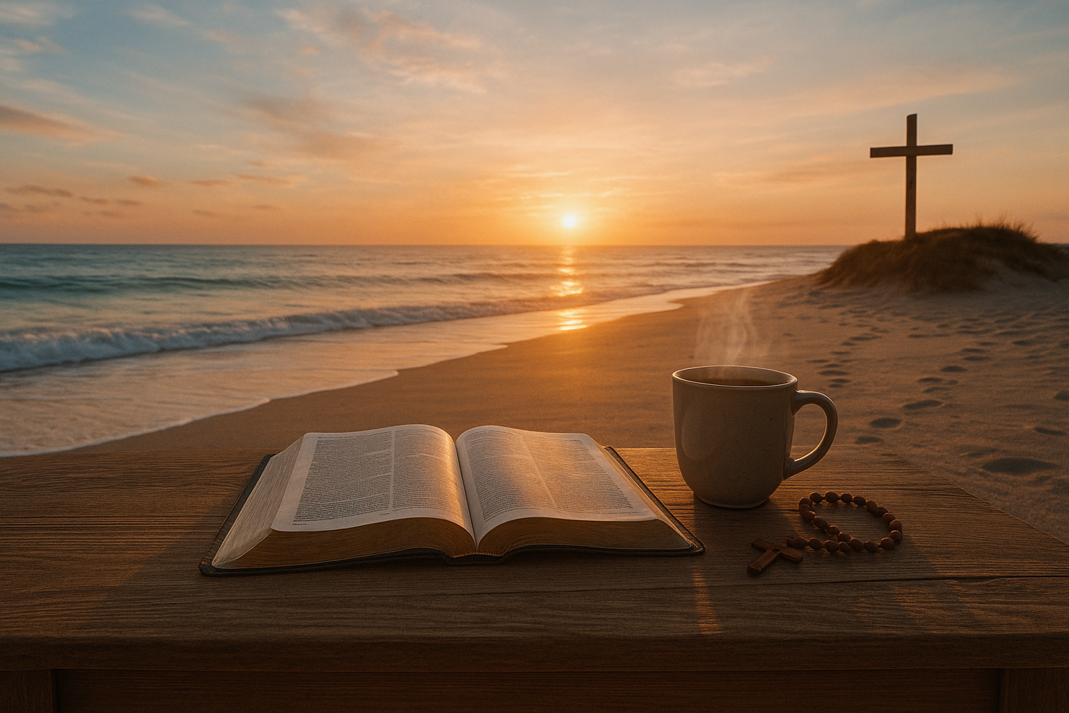 Open book, mug, and cross on a beach at sunset