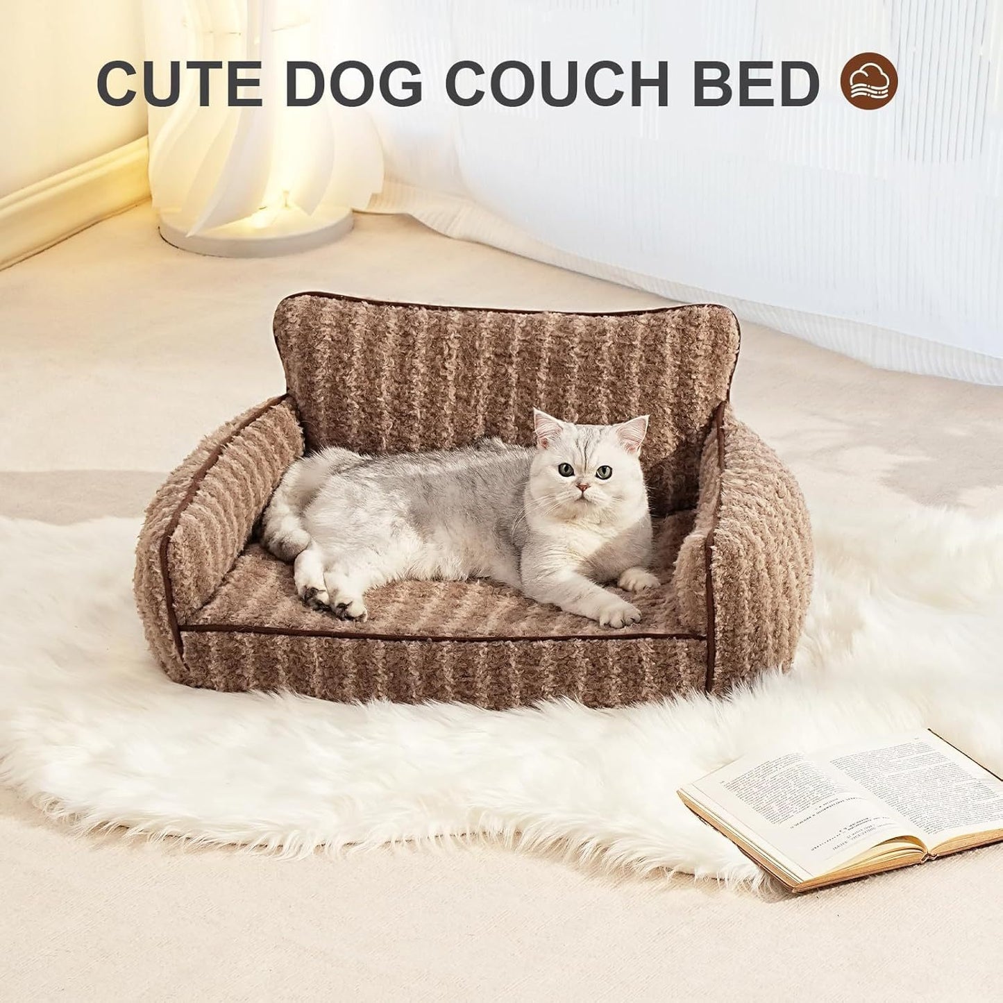 Orthopedic small dog and cat Couch For Indoor Cats - 26x19x11.8 Inch Pet Bed with Removable Washable Cover & Non-Slip Bottom, Small Dog Bed For Puppies, Brown